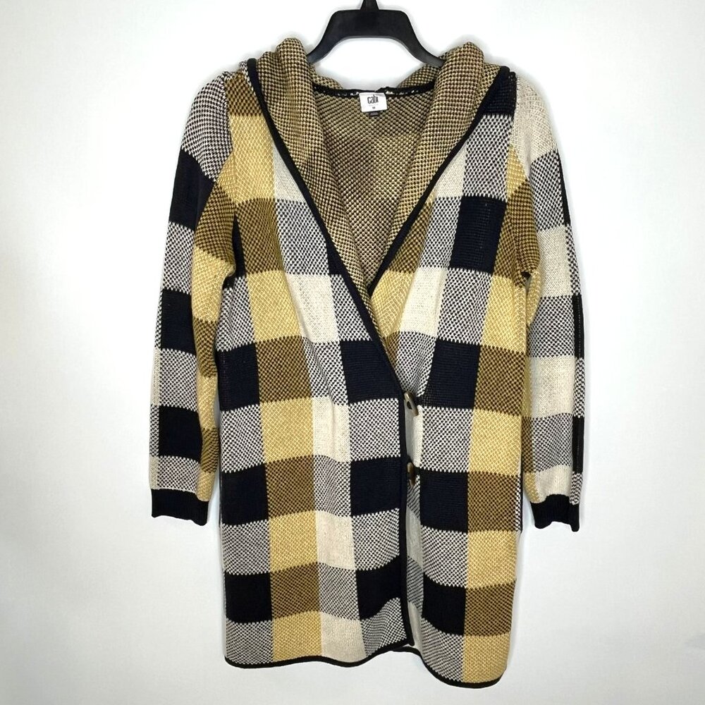 Womens Cabi Hooded Yellow Blue White Plaid Cardigan Sweater Acrylic & Cotton M